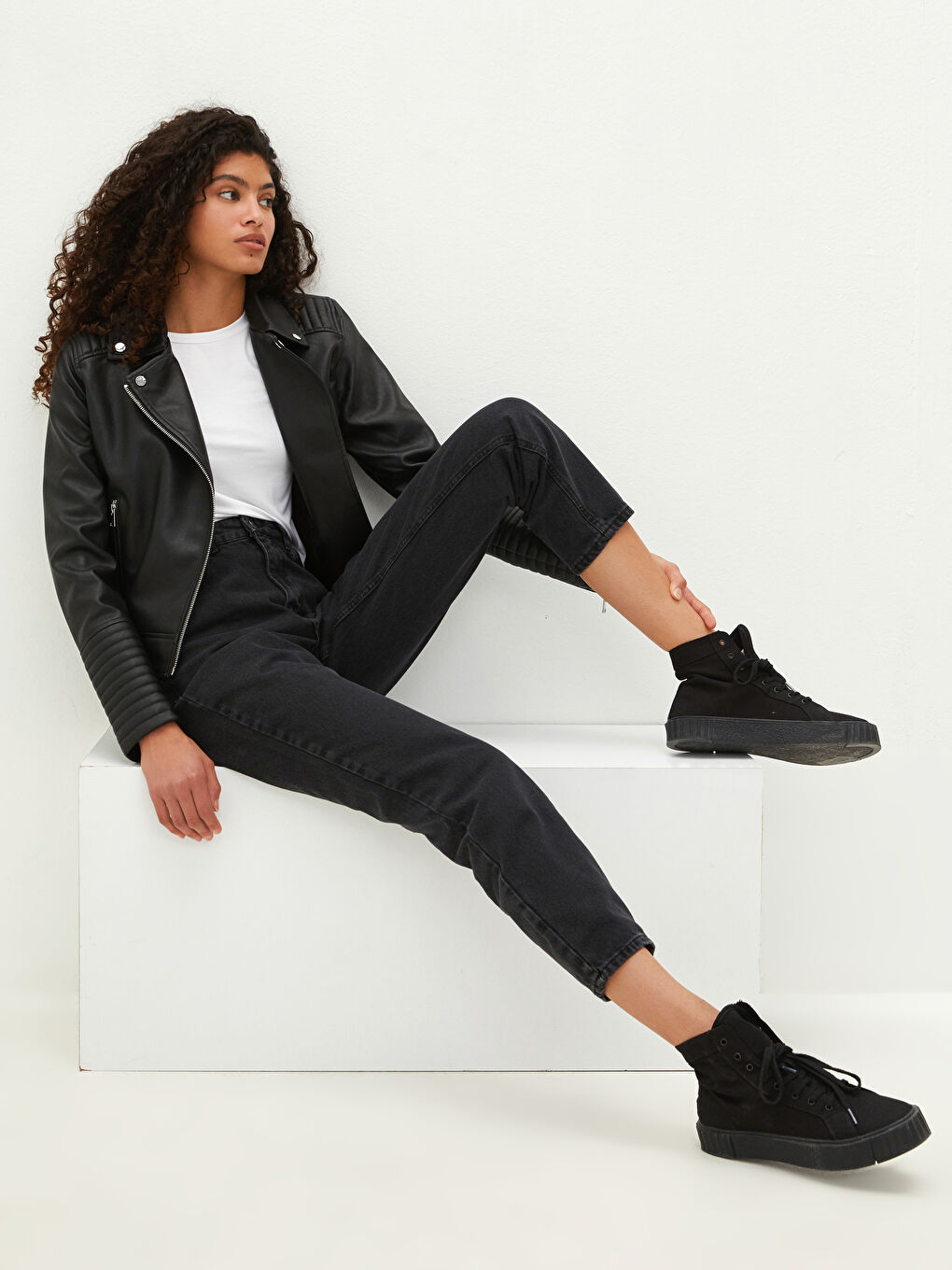 Geacă din piele ecologică cu guler biker, fermoar drept, mânecă lungă, slim pentru femei-2