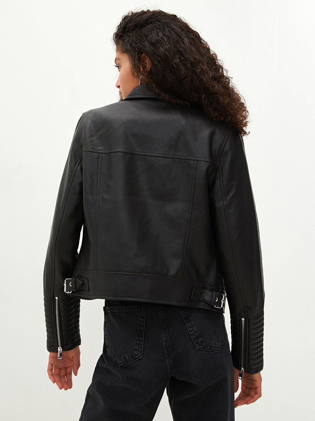 Geacă din piele ecologică cu guler biker, fermoar drept, mânecă lungă, slim pentru femei-4