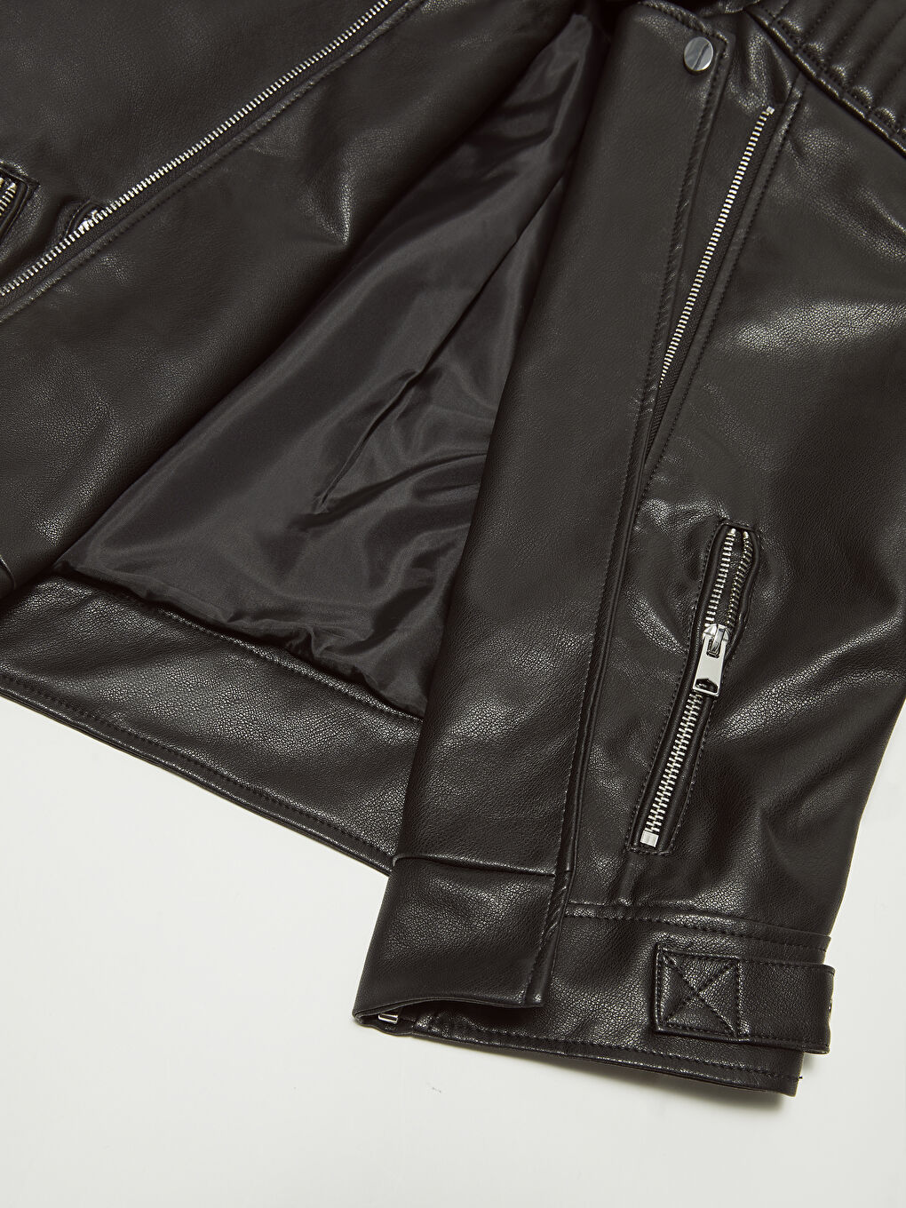 Geacă din piele ecologică cu guler biker, fermoar drept, mânecă lungă, slim pentru femei-6