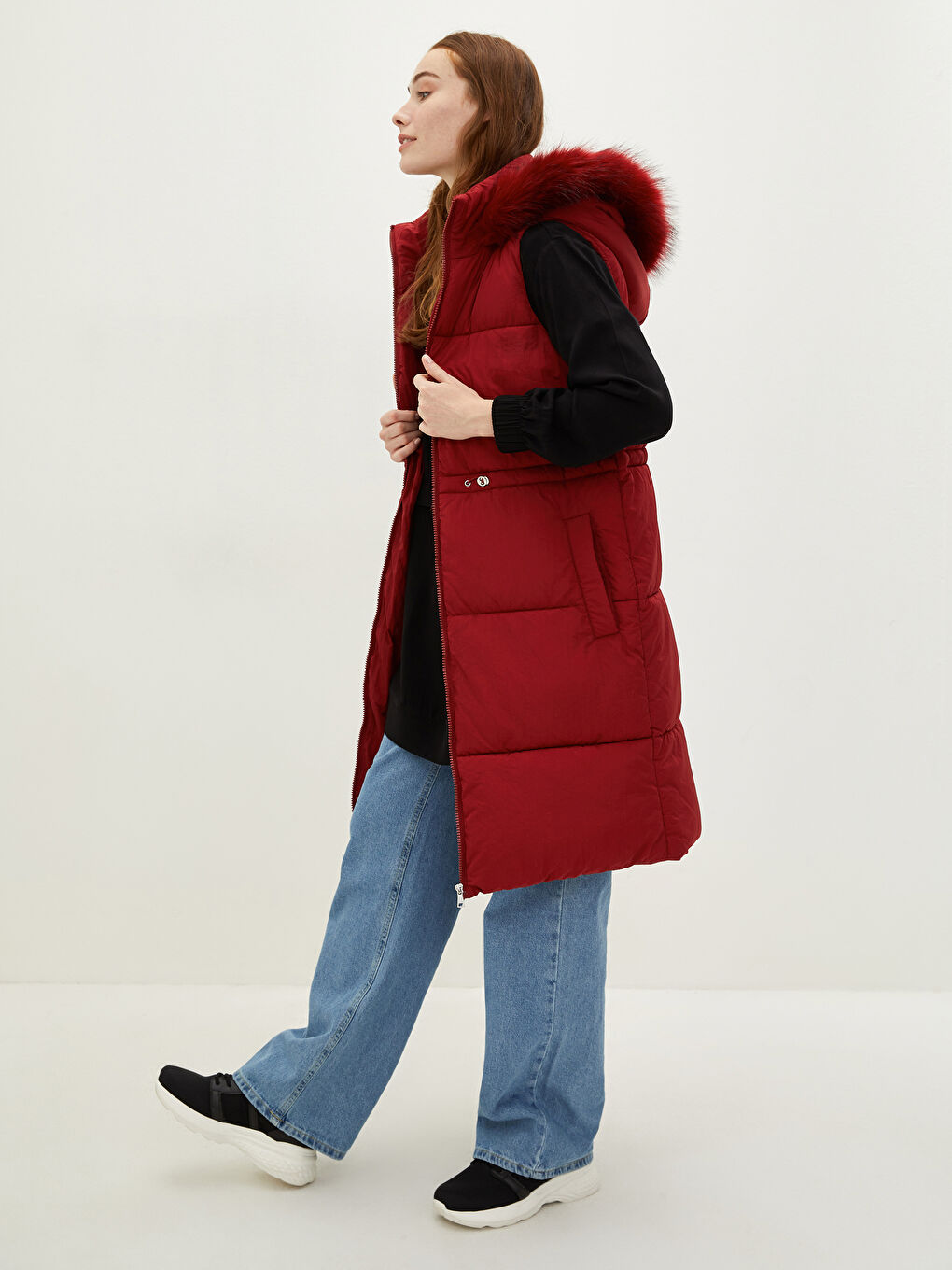 Пухена жилетка с качулка, редовна, без ръкави, с джобове, за жени-2