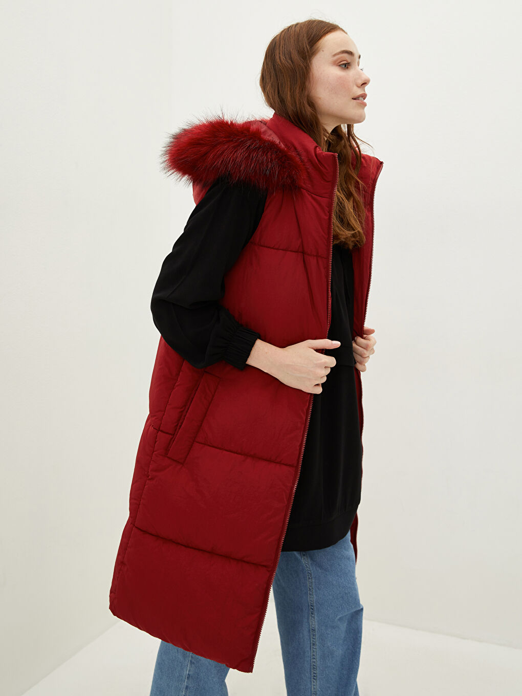 Пухена жилетка с качулка, редовна, без ръкави, с джобове, за жени-1