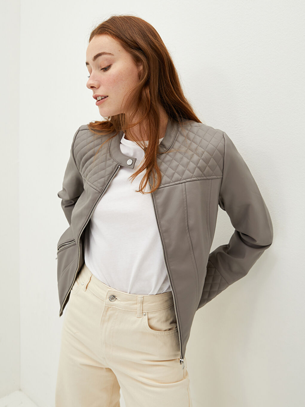 Пальто из искусственной кожи с длинным рукавом, узорчатое, с воротником-стойкой-2