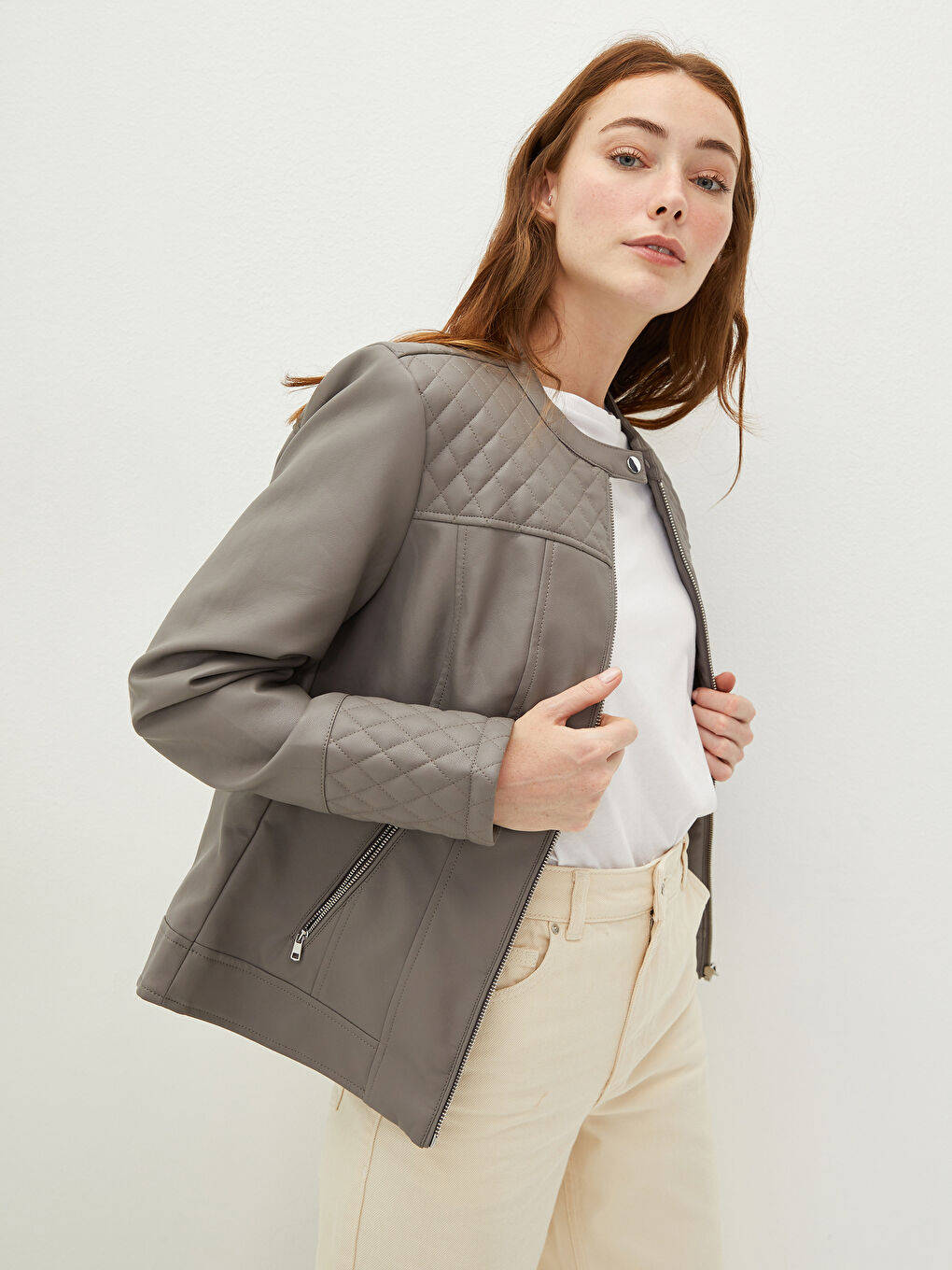 Пальто из искусственной кожи с длинным рукавом, узорчатое, с воротником-стойкой-1