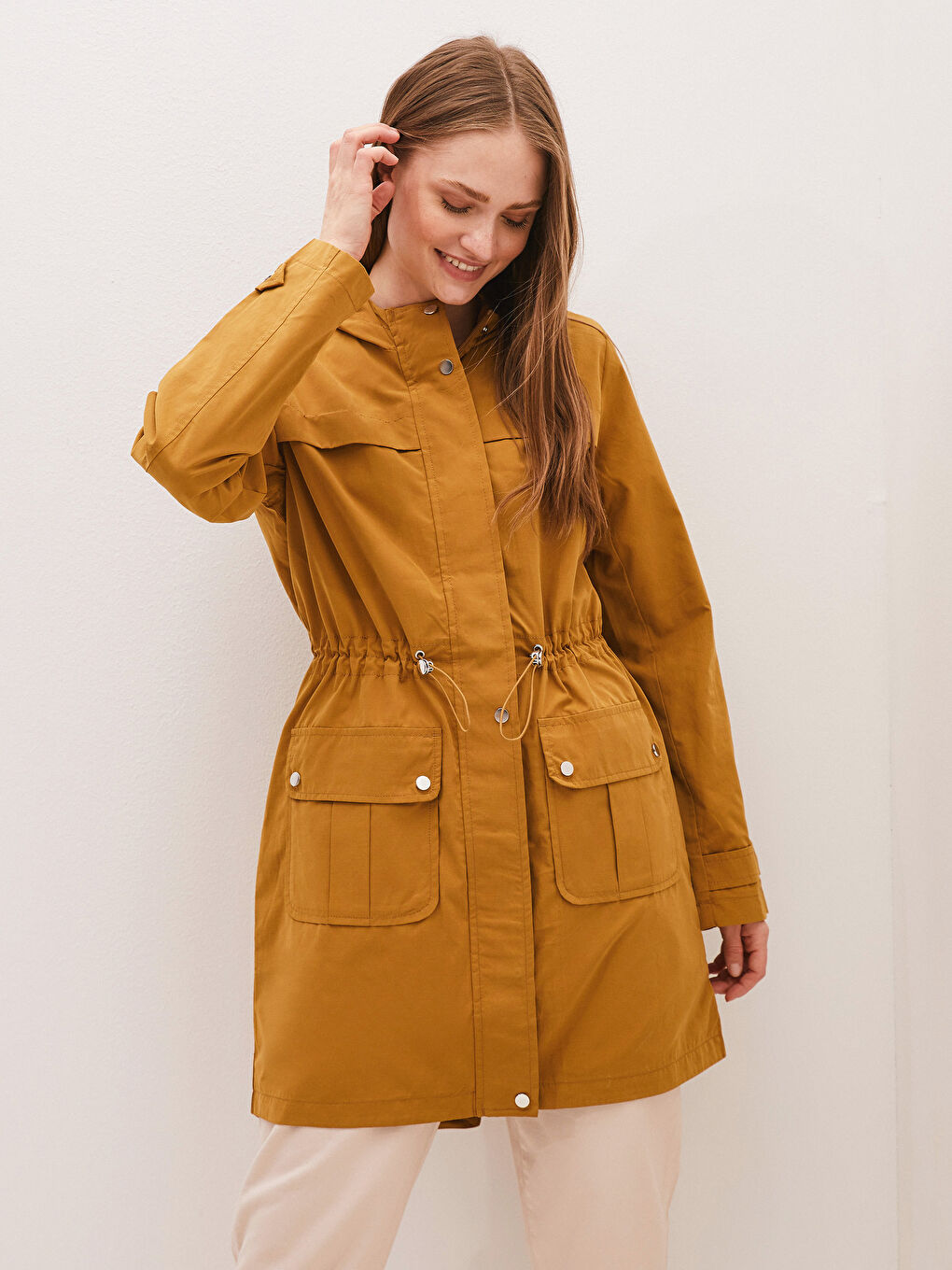 Hoodie Straight Long Sleeve Pocket Detail Thin Women's Coat-1