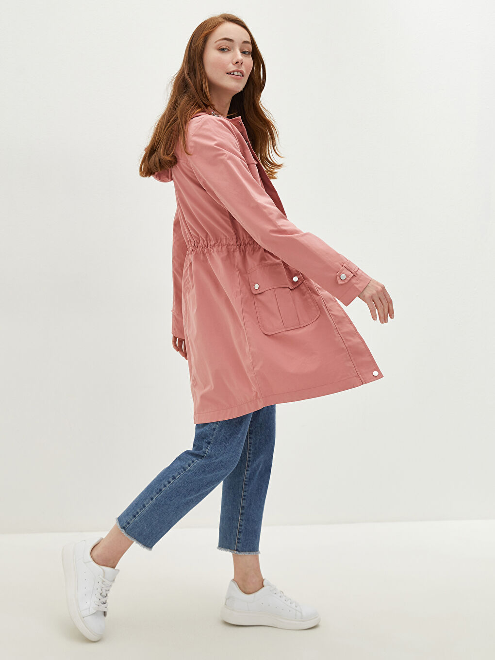 Hoodie Straight Long Sleeve Pocket Detail Thin Women's Coat-2