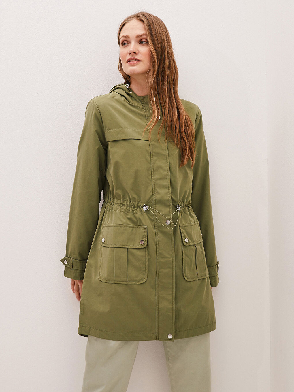 Hoodie Straight Long Sleeve Pocket Detail Thin Women's Coat