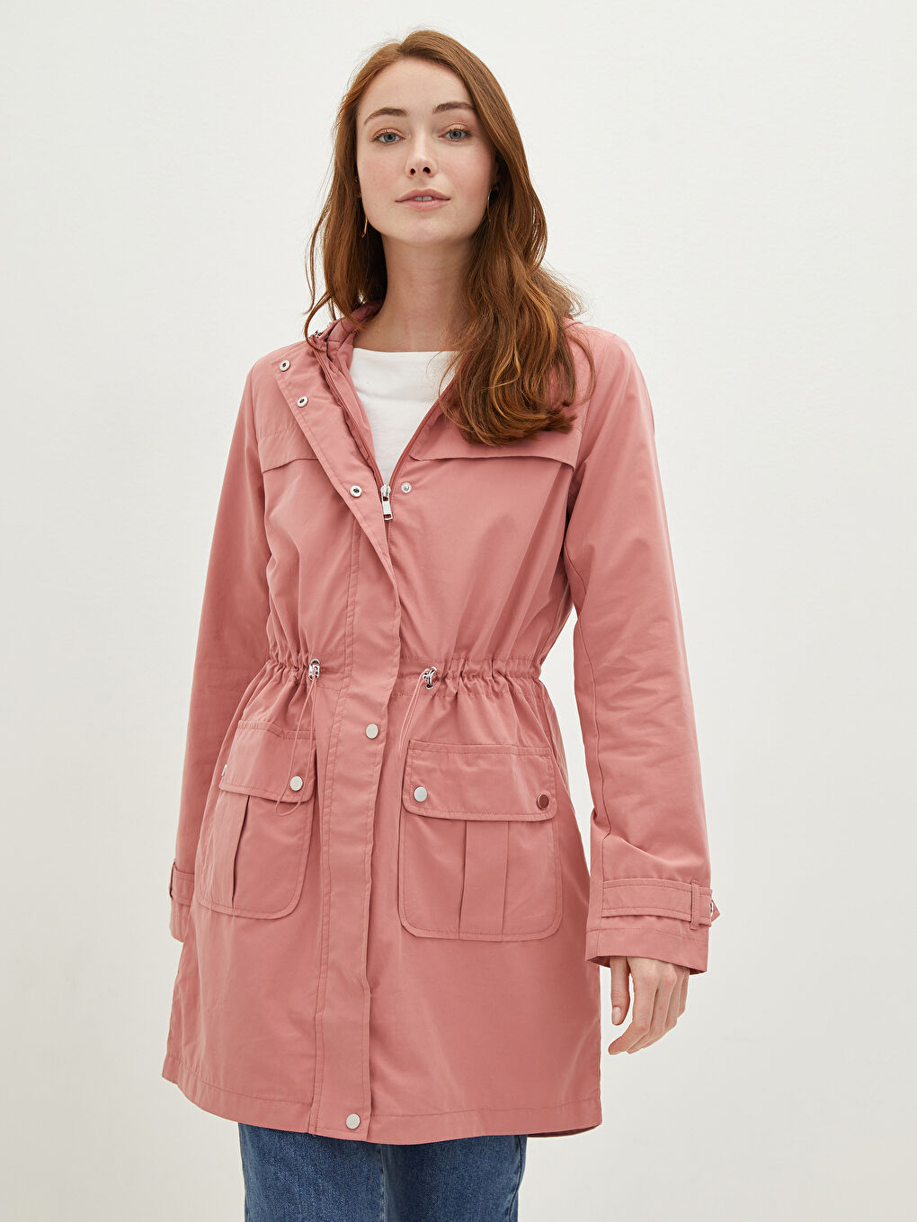 Hoodie Straight Long Sleeve Pocket Detail Thin Women's Coat