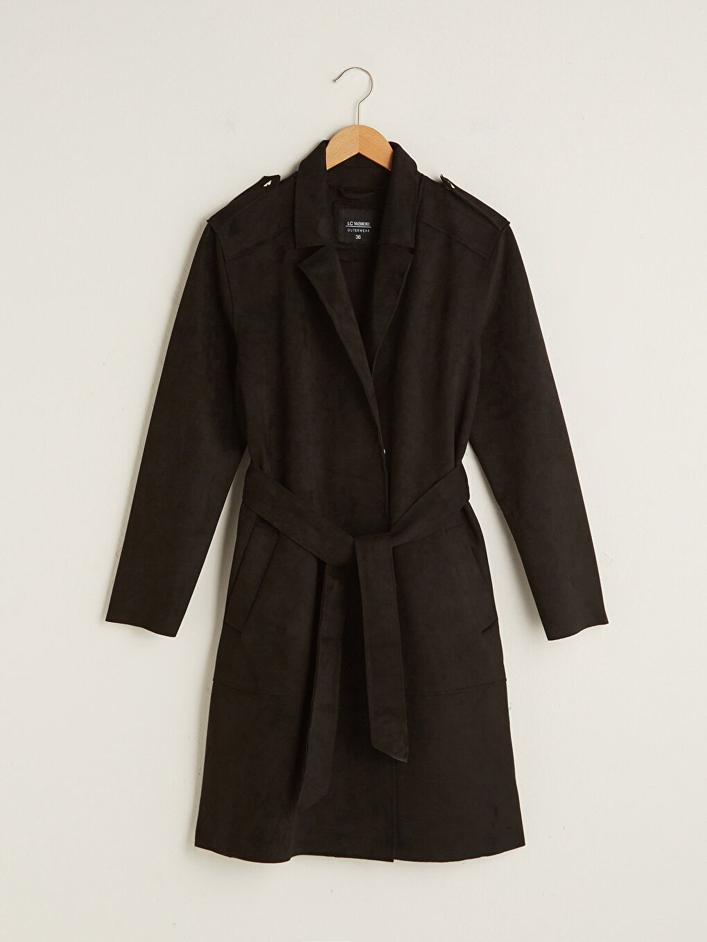 Тренч Женский Замшевый с Поясом, Длинными Рукавами и Кнопками-5