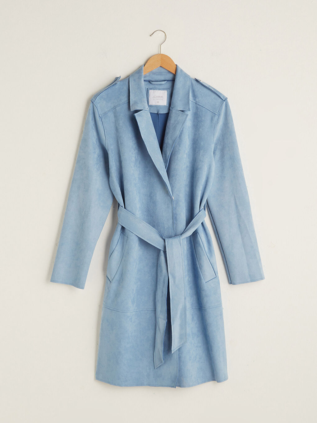 Shirt Neck Tie-belt Long Sleeve Suede Women's Trench Coat with Press-studs-5