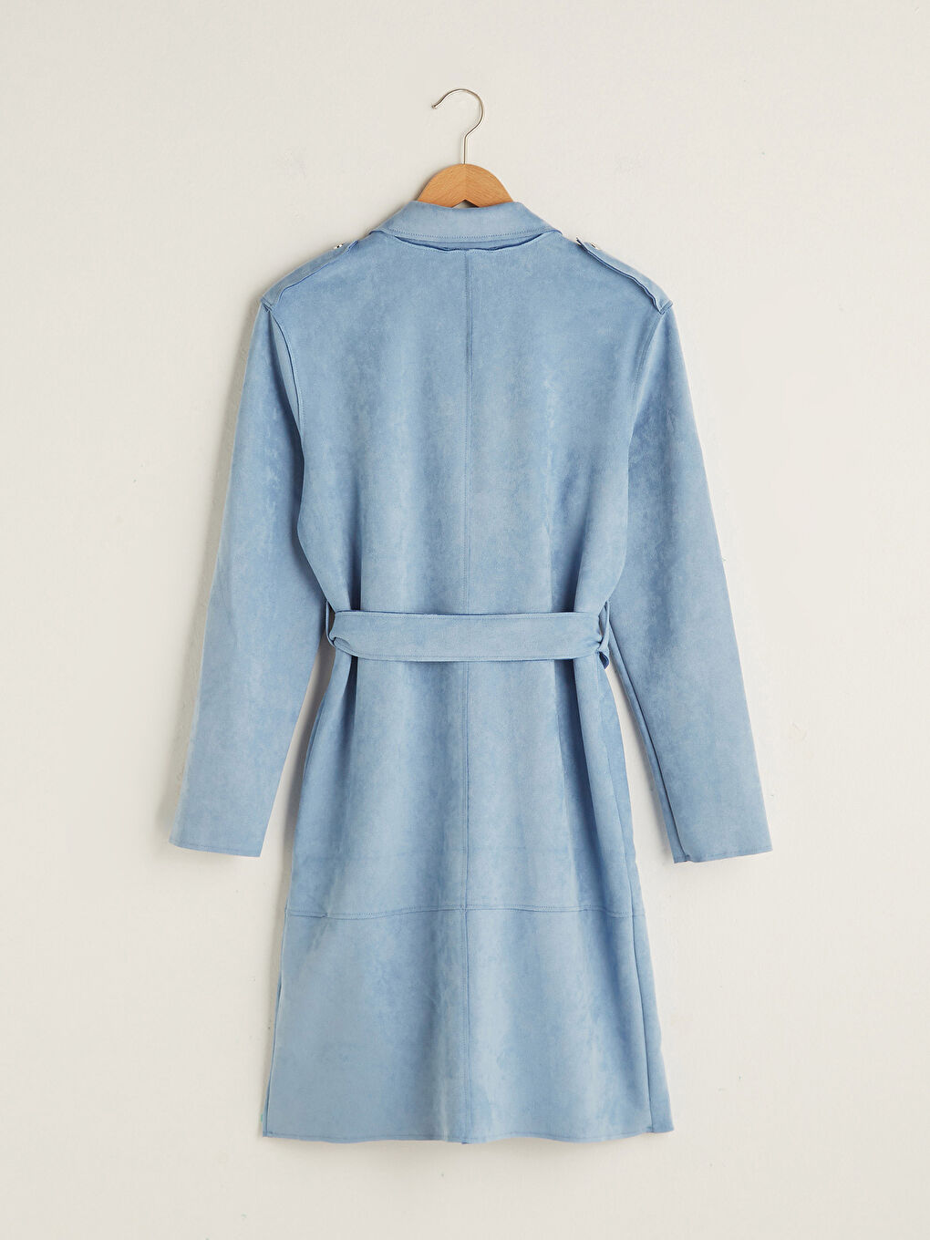 Shirt Neck Tie-belt Long Sleeve Suede Women's Trench Coat with Press-studs-6