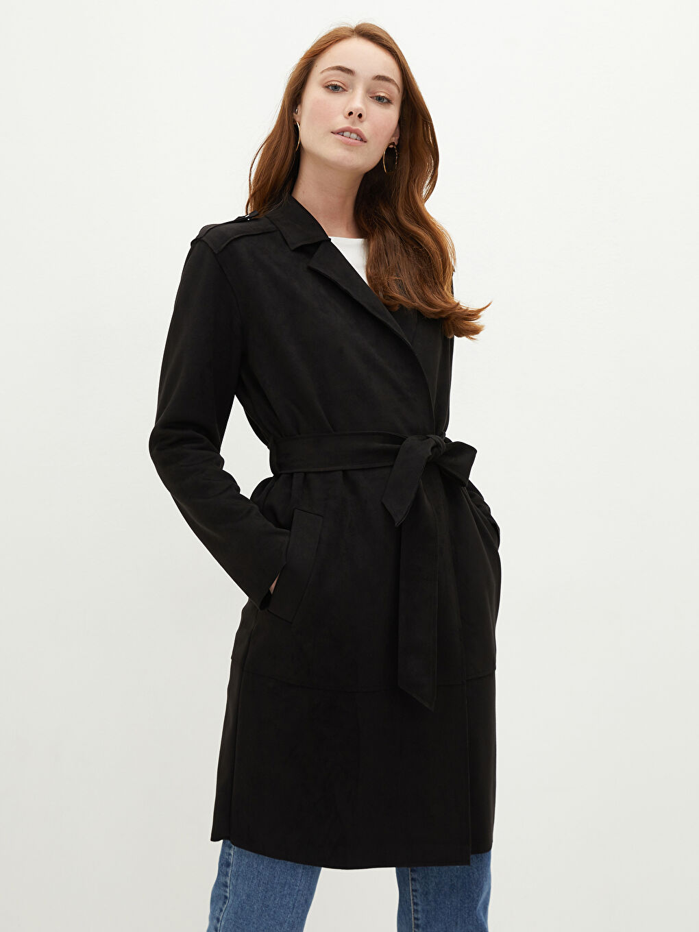 Тренч Женский Замшевый с Поясом, Длинными Рукавами и Кнопками-4