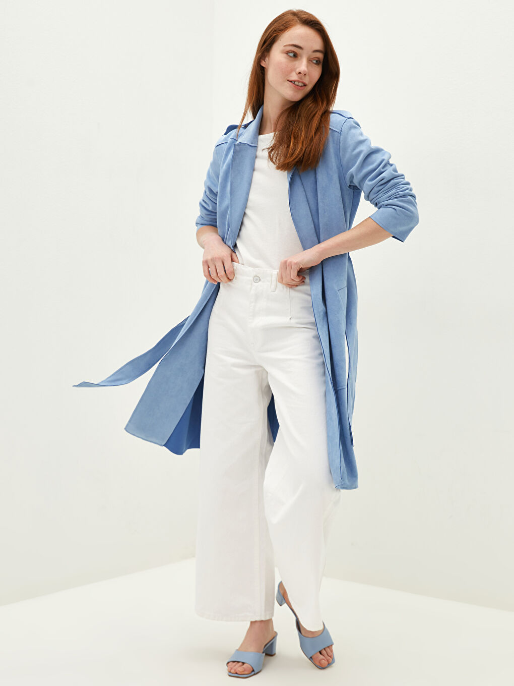 Shirt Neck Tie-belt Long Sleeve Suede Women's Trench Coat with Press-studs-1