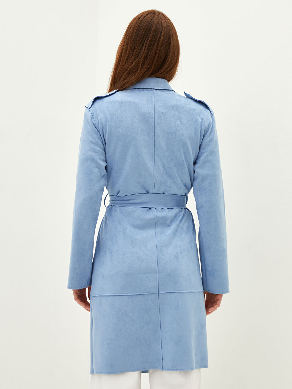 Shirt Neck Tie-belt Long Sleeve Suede Women's Trench Coat with Press-studs-3