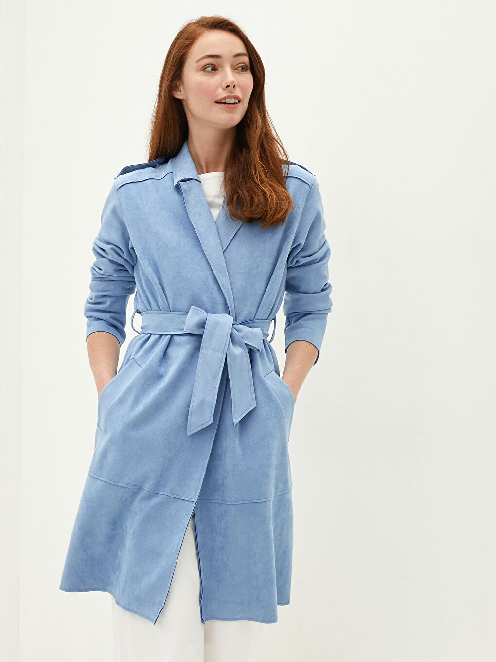 Shirt Neck Tie-belt Long Sleeve Suede Women's Trench Coat with Press-studs-4