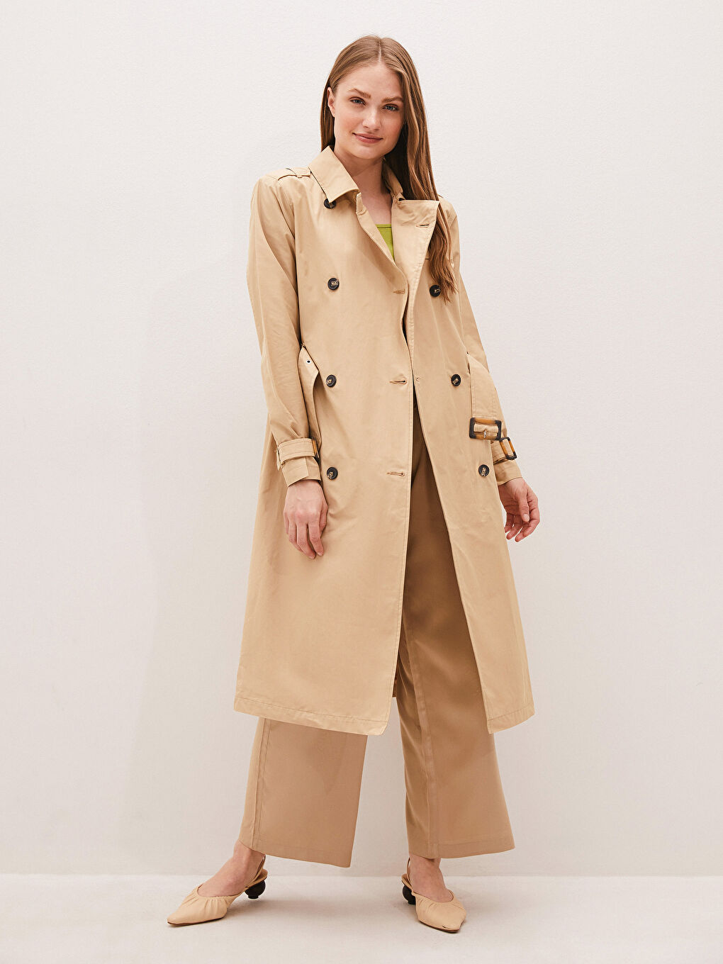 Women's Trench Coat with Jacket Collar Waist Belt Long Sleeve Button Closure-2