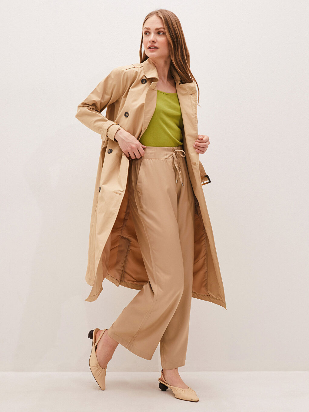 Women's Trench Coat with Jacket Collar Waist Belt Long Sleeve Button Closure-3