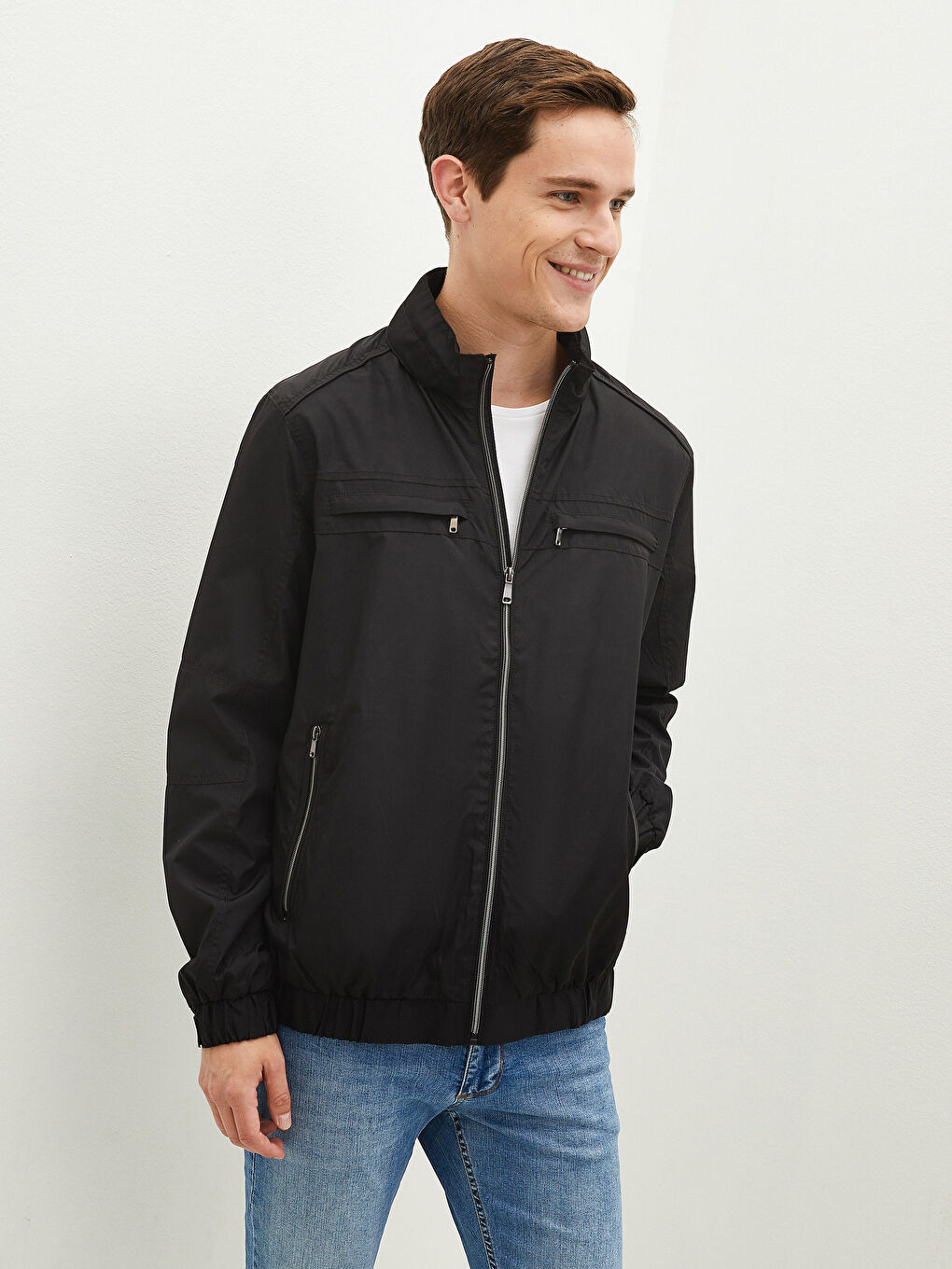 Ерлерге арналған еркін пішім биік жағалы жұқа куртка-1