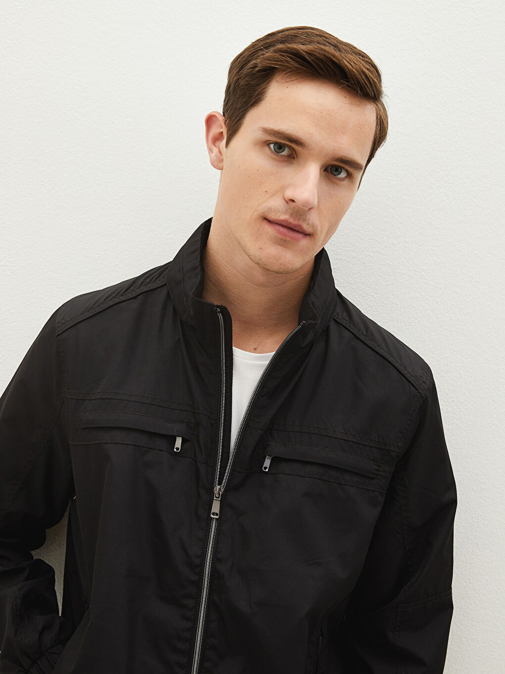 Ерлерге арналған еркін пішім биік жағалы жұқа куртка-3