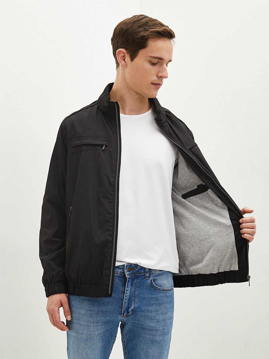 Ерлерге арналған еркін пішім биік жағалы жұқа куртка-4