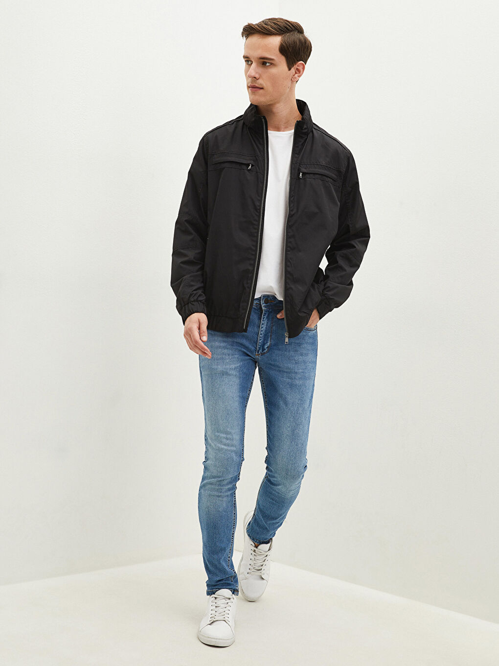 Ерлерге арналған еркін пішім биік жағалы жұқа куртка-5