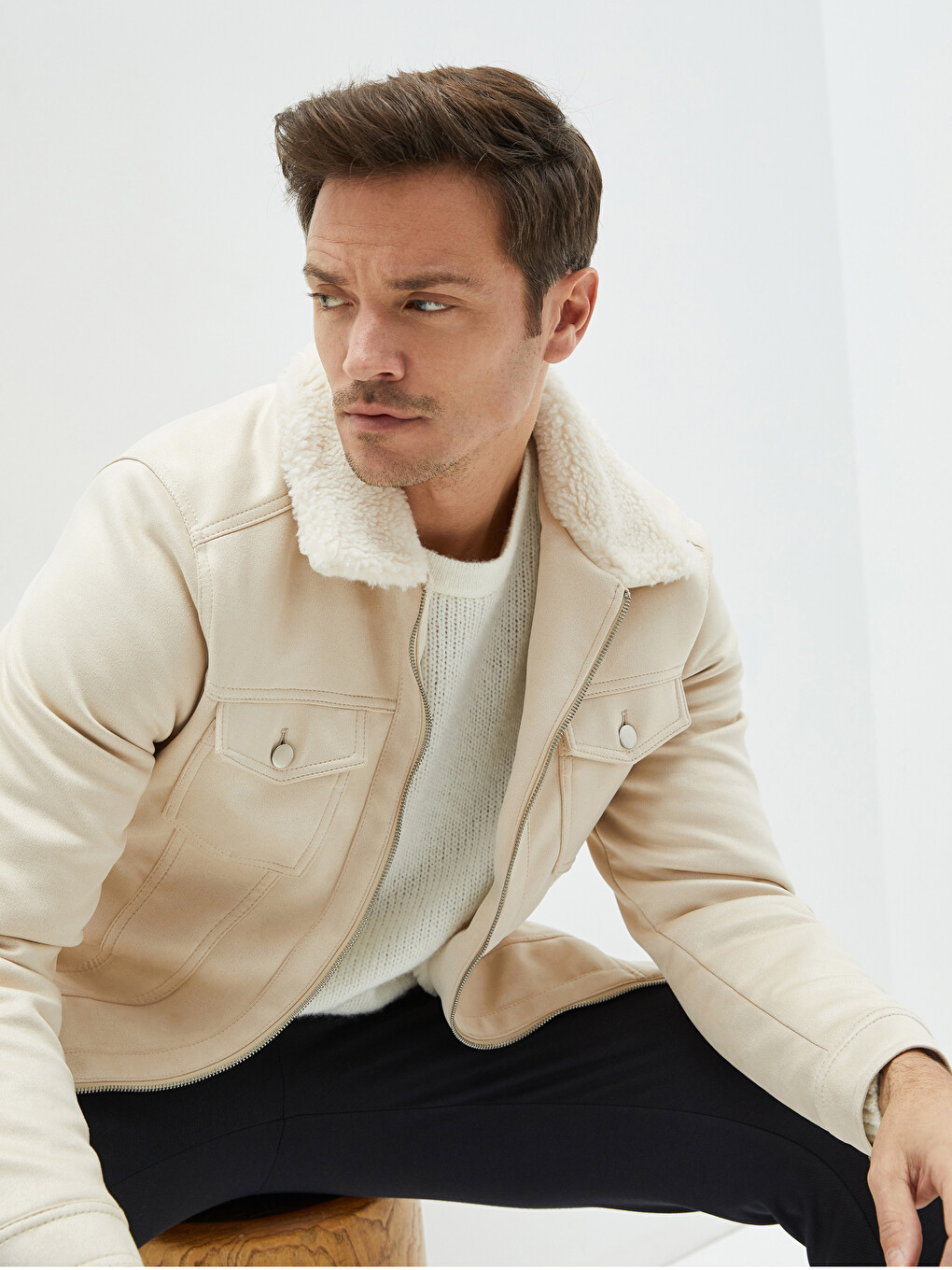 Slim Fit Fur Collar Suede Coat