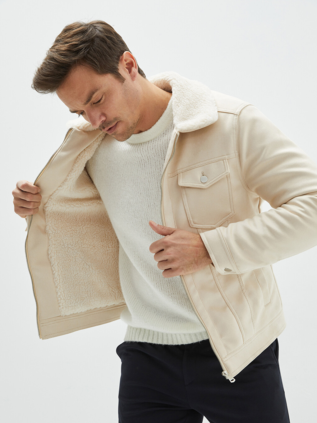 Slim Fit Fur Collar Suede Coat-2