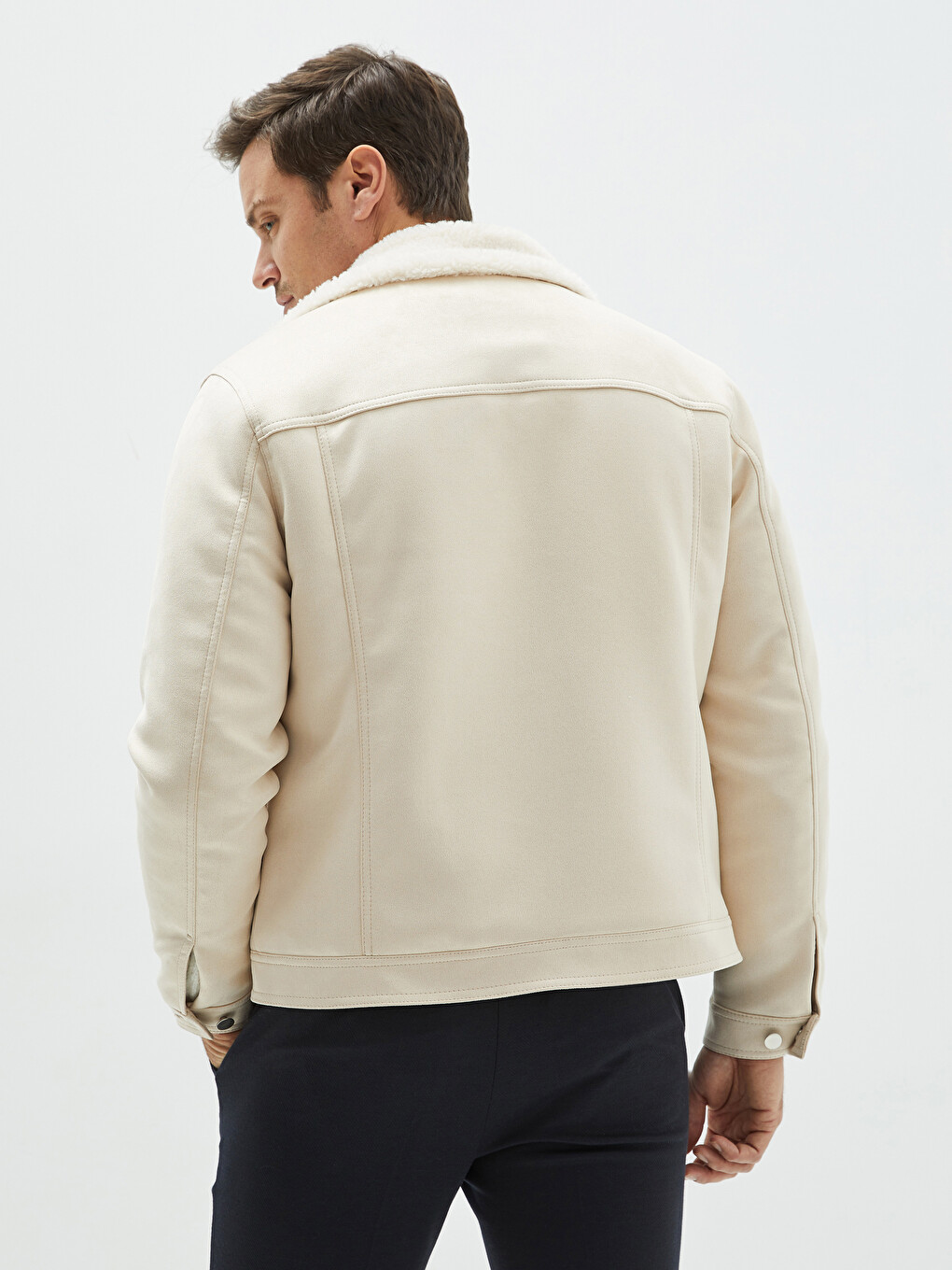 Slim Fit Fur Collar Suede Coat-4