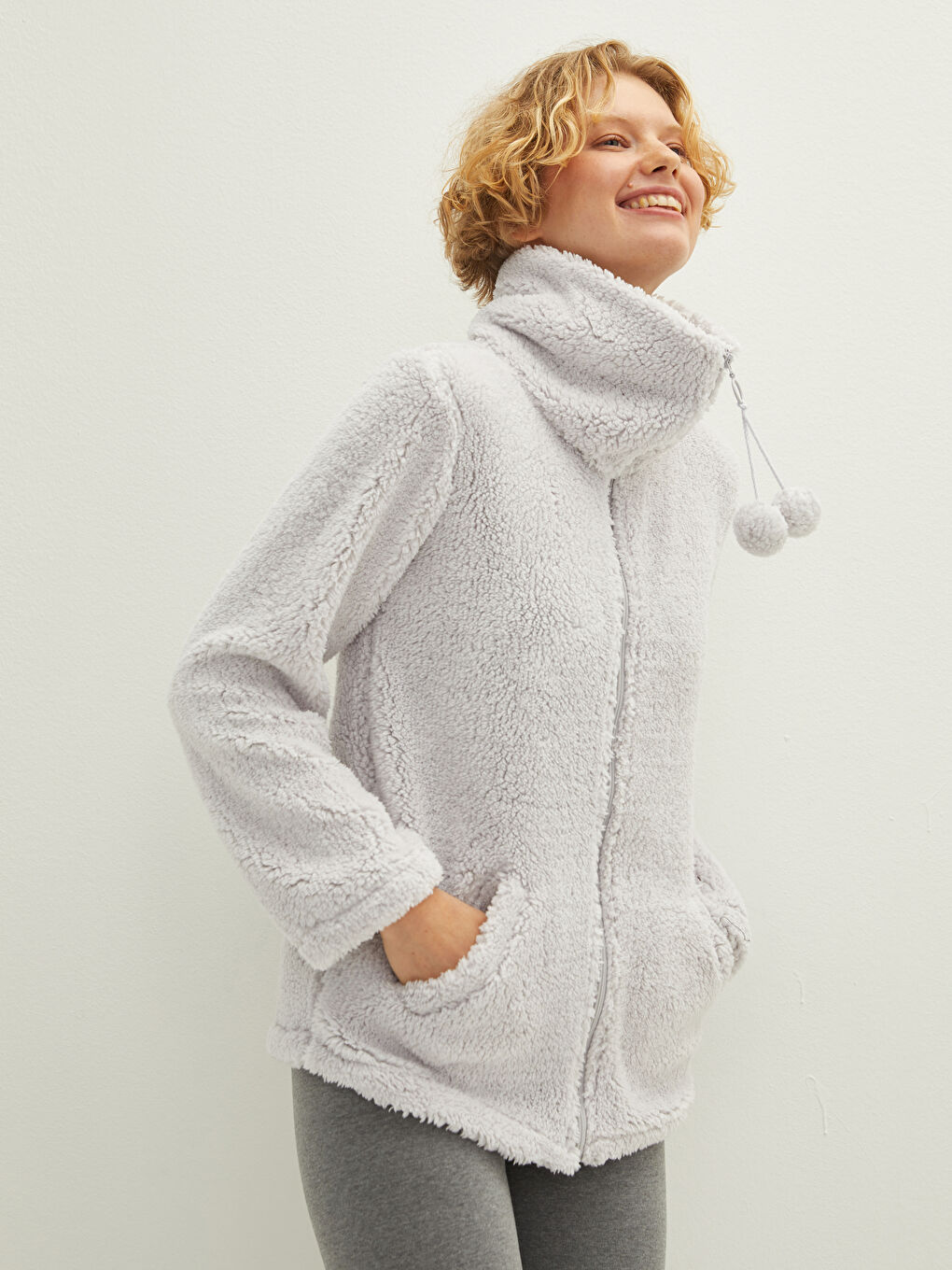 LCW DREAM Stehkragen Schlicht Taschen Detailiertes Damen Plüsch Pyjama-Oberteil -W10102Z8-CSW