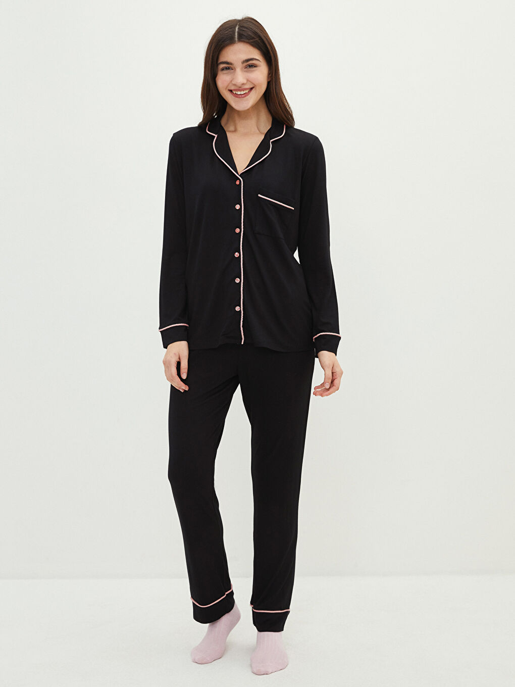 LCW DREAM Shirt Collar Straight Long Sleeved Pocket Detailed Viscose Women's Pajamas Set -W10103Z8-CVL