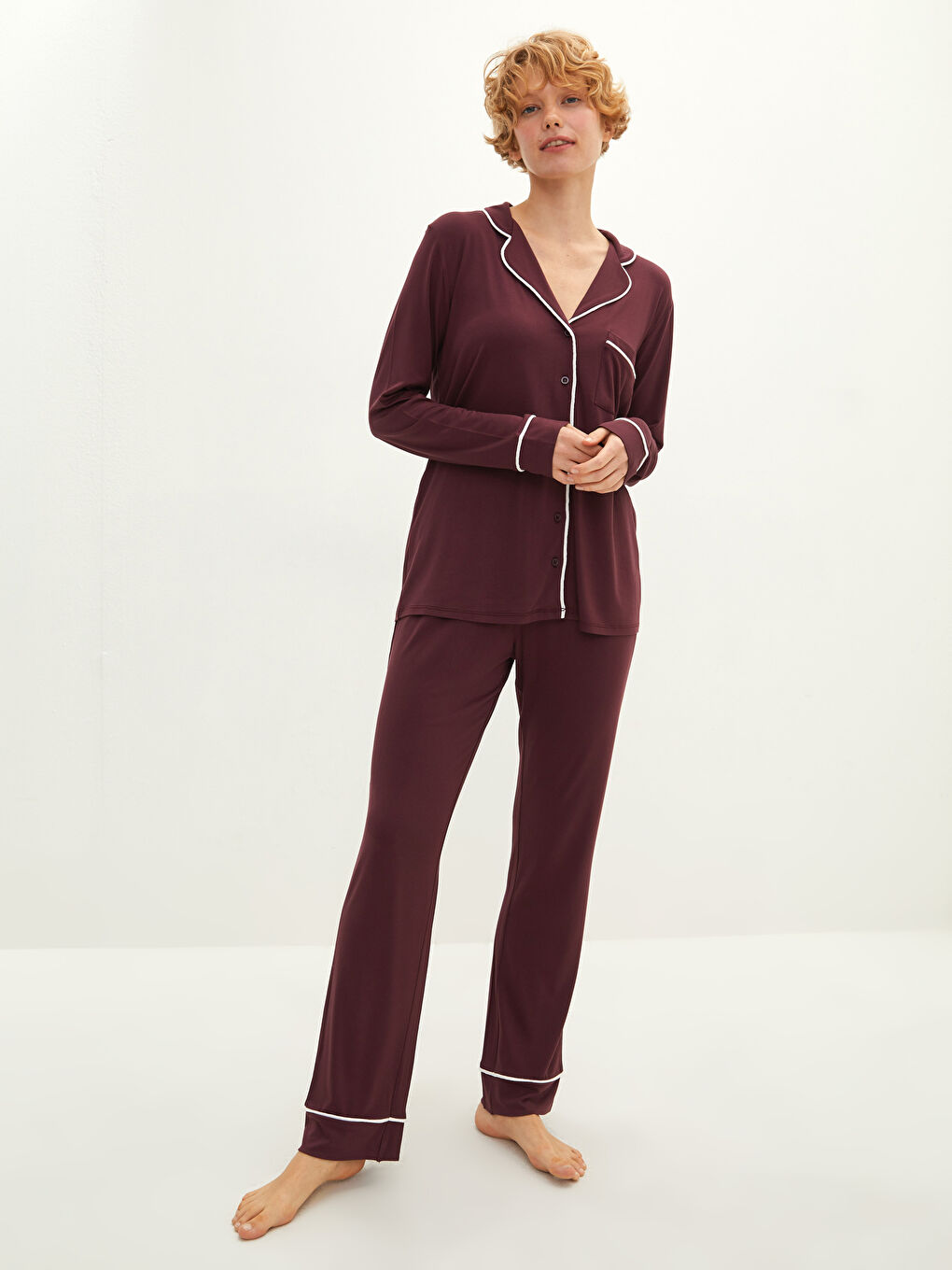 Mürdüm Gömlek Yaka Düz Uzun Kollu Cep Detaylı Viskon Kadın Pijama Takımı