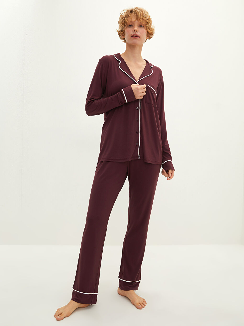 Mürdüm Gömlek Yaka Düz Uzun Kollu Cep Detaylı Viskon Kadın Pijama Takımı-1
