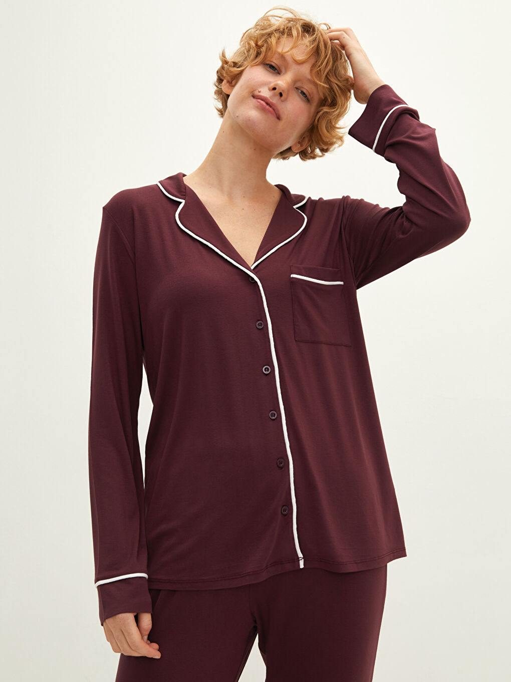 Mürdüm Gömlek Yaka Düz Uzun Kollu Cep Detaylı Viskon Kadın Pijama Takımı-2