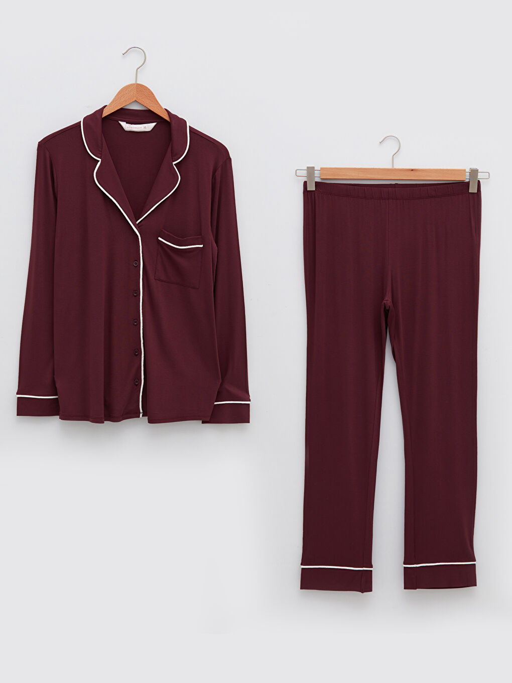 Mürdüm Gömlek Yaka Düz Uzun Kollu Cep Detaylı Viskon Kadın Pijama Takımı-5