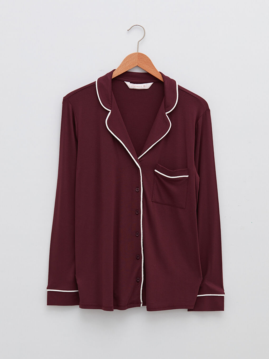 Mürdüm Gömlek Yaka Düz Uzun Kollu Cep Detaylı Viskon Kadın Pijama Takımı-6