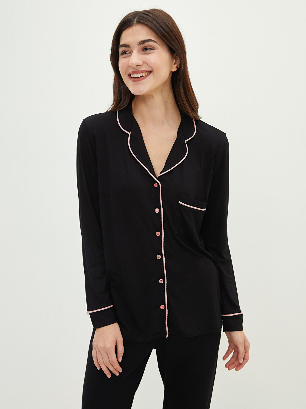 LCW DREAM Shirt Collar Straight Long Sleeved Pocket Detailed Viscose Women's Pajamas Set -W10103Z8-CVL