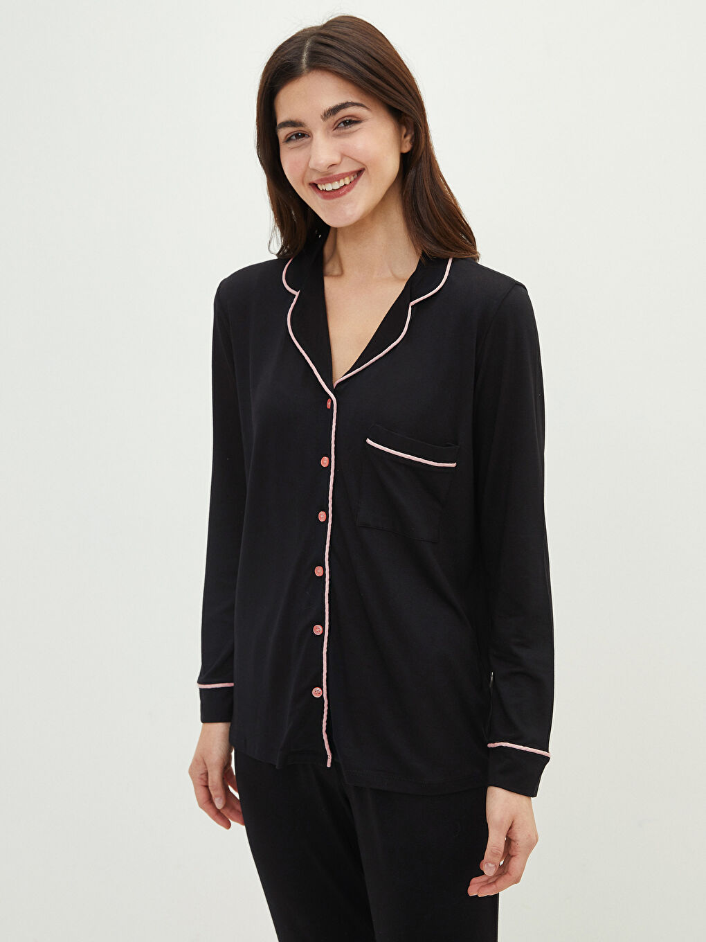 LCW DREAM Shirt Collar Straight Long Sleeved Pocket Detailed Viscose Women's Pajamas Set -W10103Z8-CVL