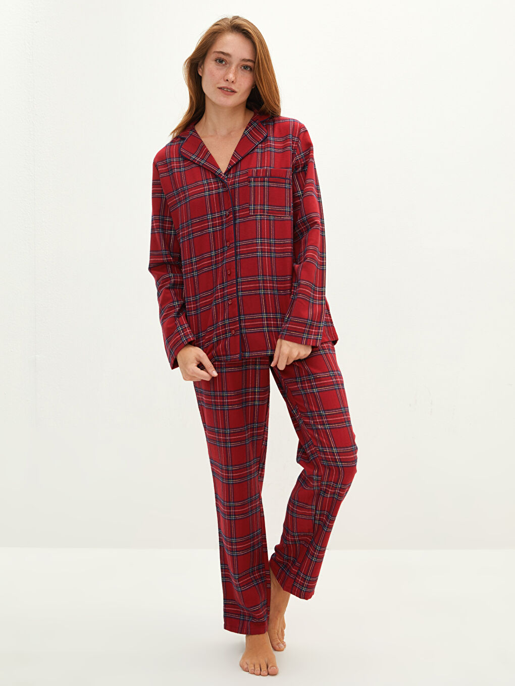 Collared Neck Plaid Women's Pyjama Set