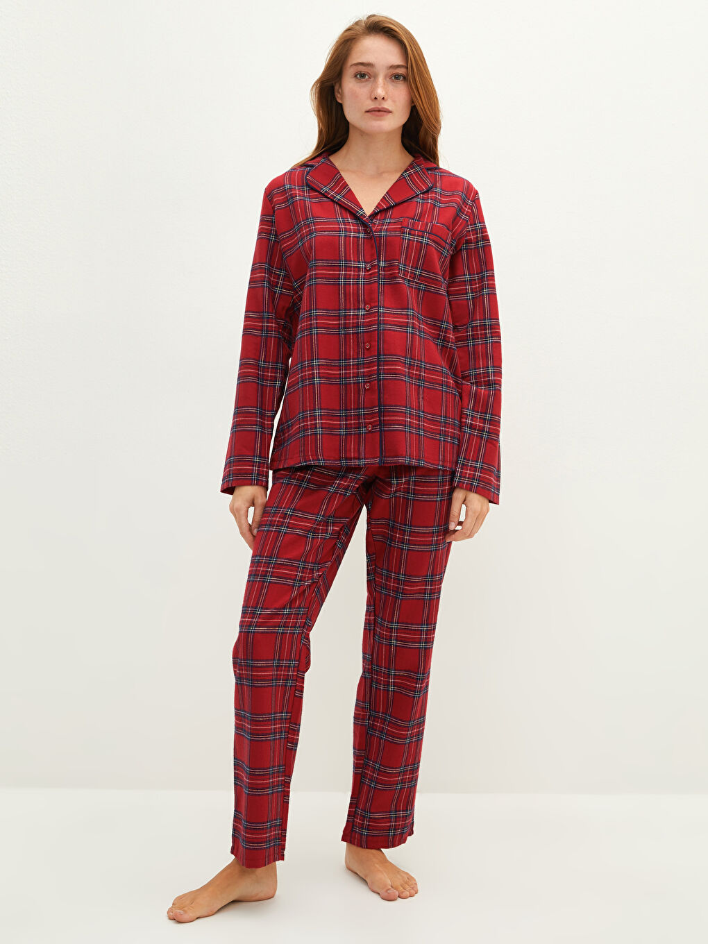Collared Neck Plaid Women's Pyjama Set-1