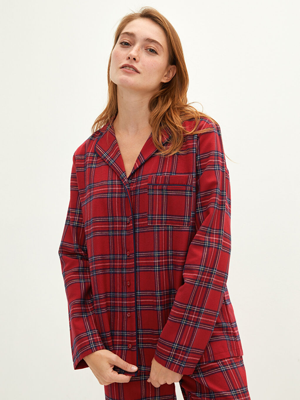 Collared Neck Plaid Women's Pyjama Set-2