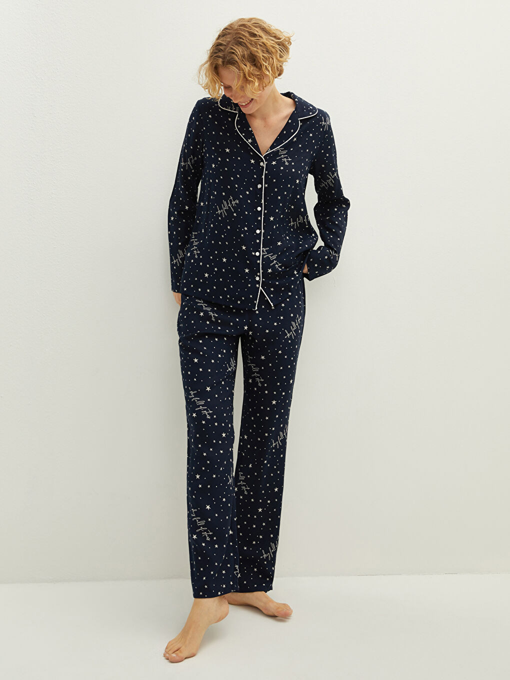 طقم بيجامة للسيدات قميص بياقة مطبوع كم طويل قماش فيسكوز فوال-1