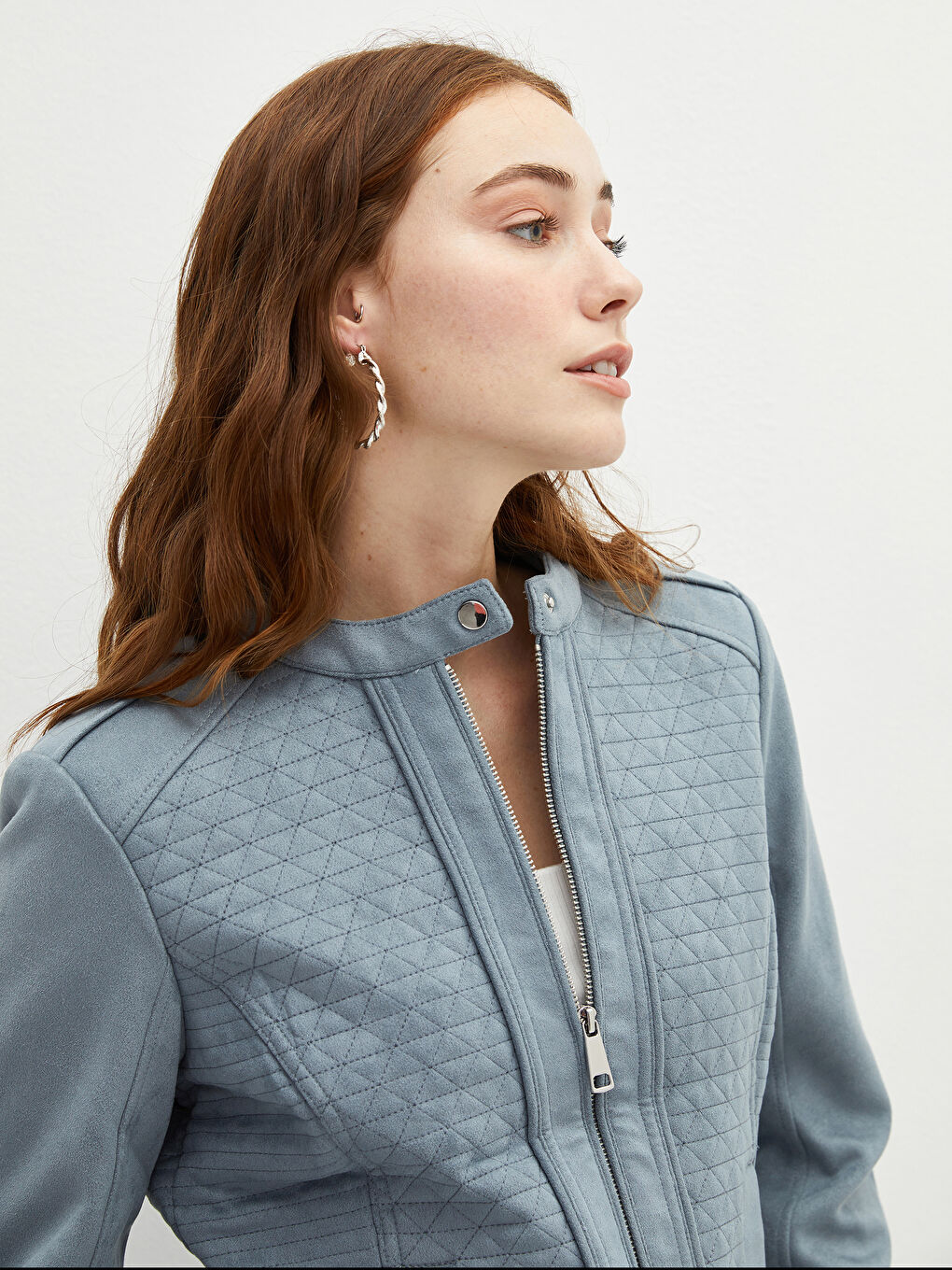 Palton din piele întoarsă cu guler rotund, mânecă lungă, croială dreaptă și detalii de buzunar pentru Femei-3