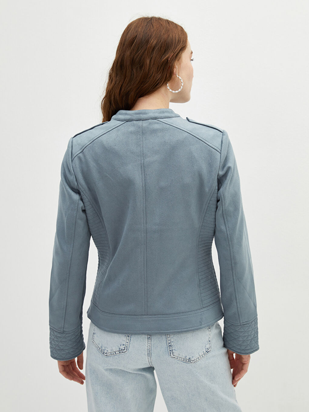 Palton din piele întoarsă cu guler rotund, mânecă lungă, croială dreaptă și detalii de buzunar pentru Femei-4