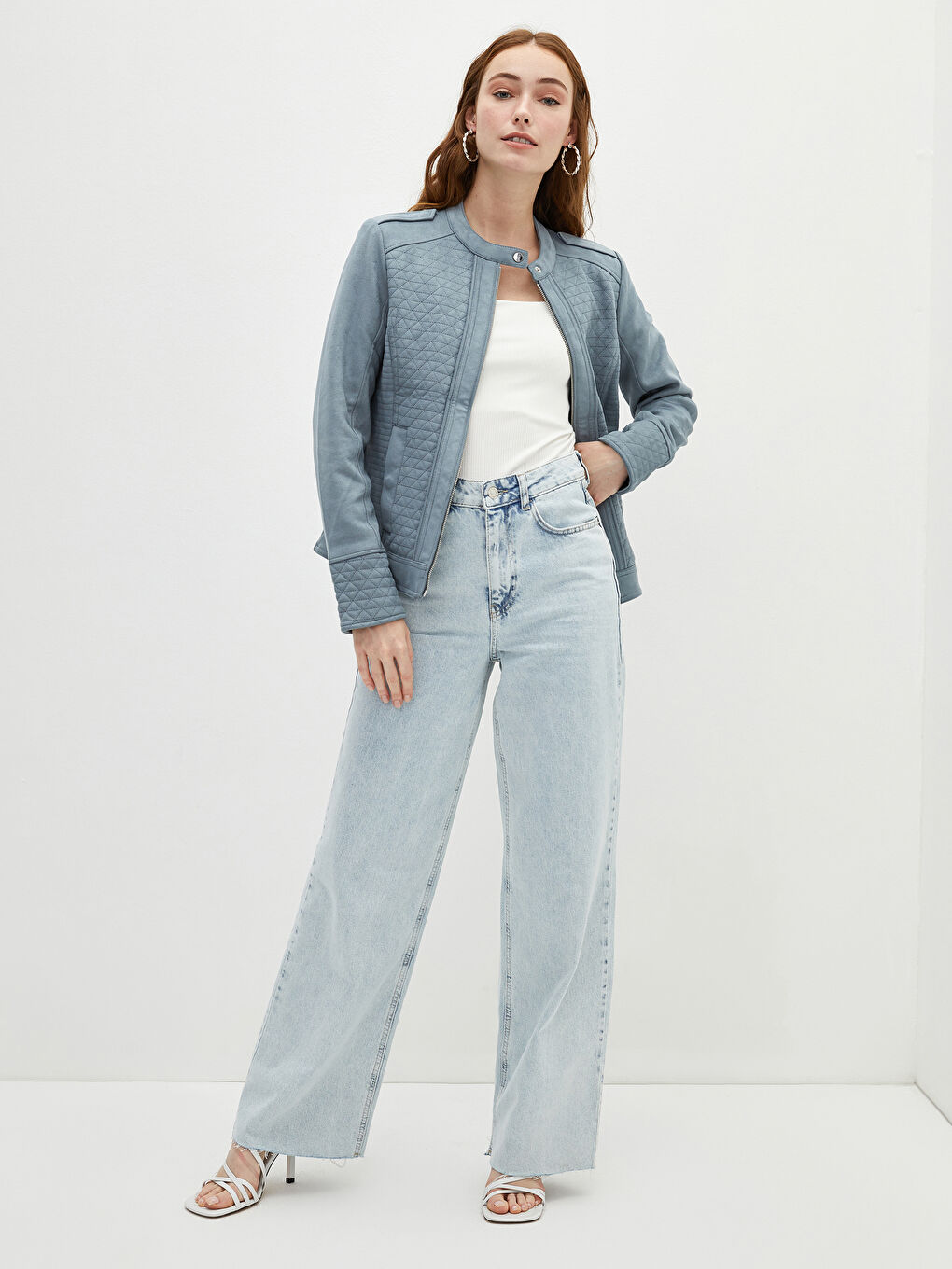 Palton din piele întoarsă cu guler rotund, mânecă lungă, croială dreaptă și detalii de buzunar pentru Femei-2