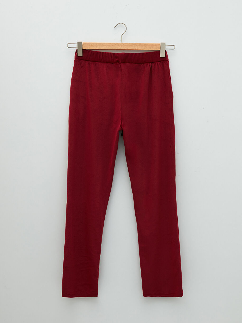 Bordo Beli Lastikli Düz Cep Detaylı Kadife Kadın Pijama Alt-5