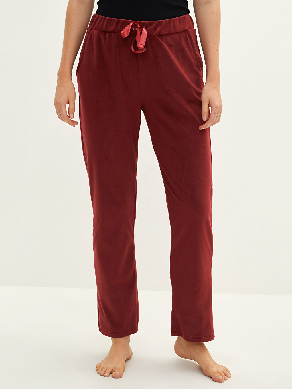 Bordo Beli Lastikli Düz Cep Detaylı Kadife Kadın Pijama Alt-2