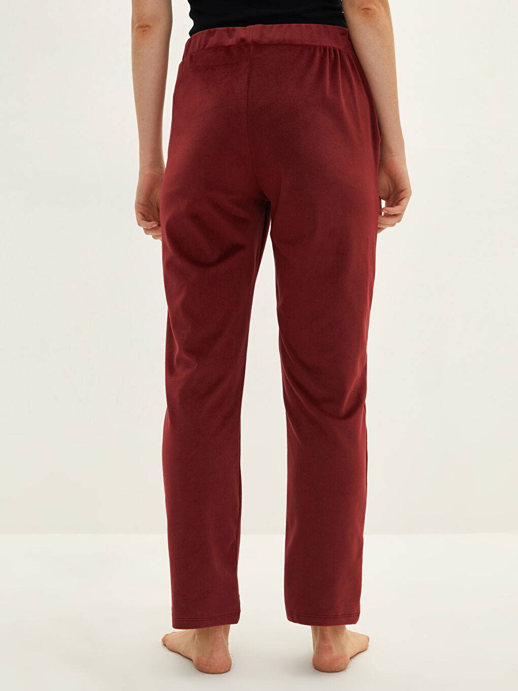 Bordo Beli Lastikli Düz Cep Detaylı Kadife Kadın Pijama Alt-3