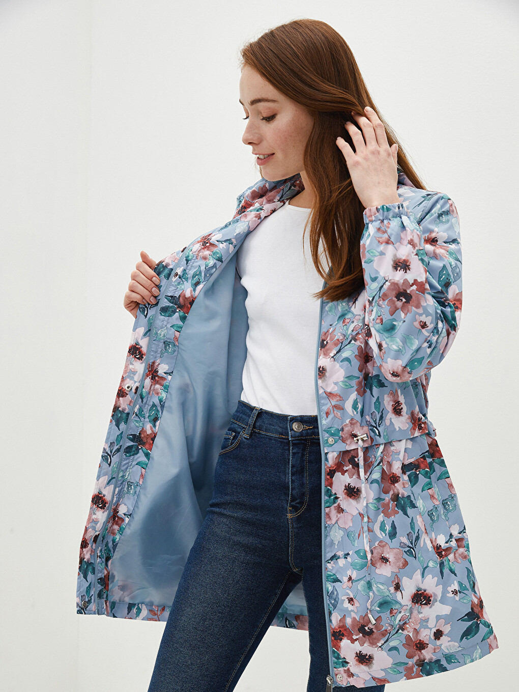 Women's Raincoat with Hidden Hooded Floral Print Long Sleeve-2