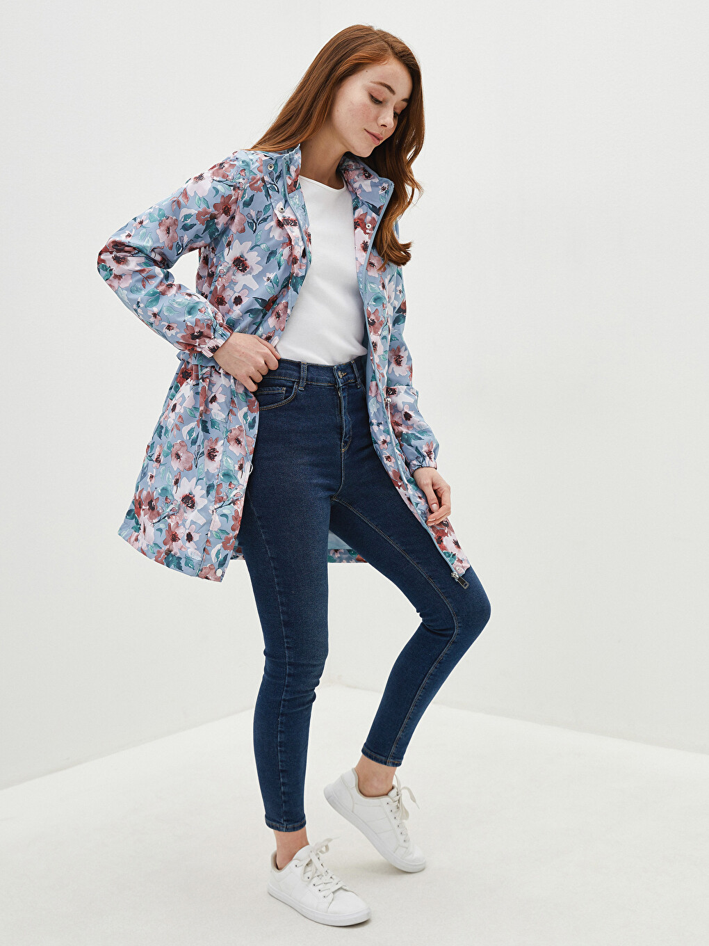 Women's Raincoat with Hidden Hooded Floral Print Long Sleeve-3