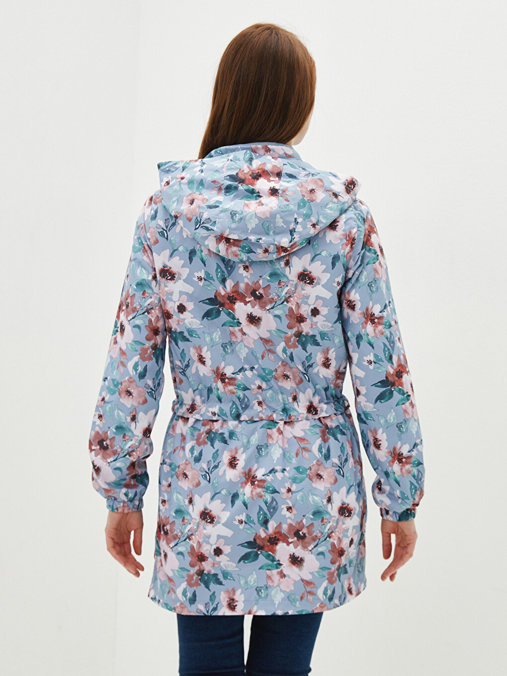 Women's Raincoat with Hidden Hooded Floral Print Long Sleeve-4