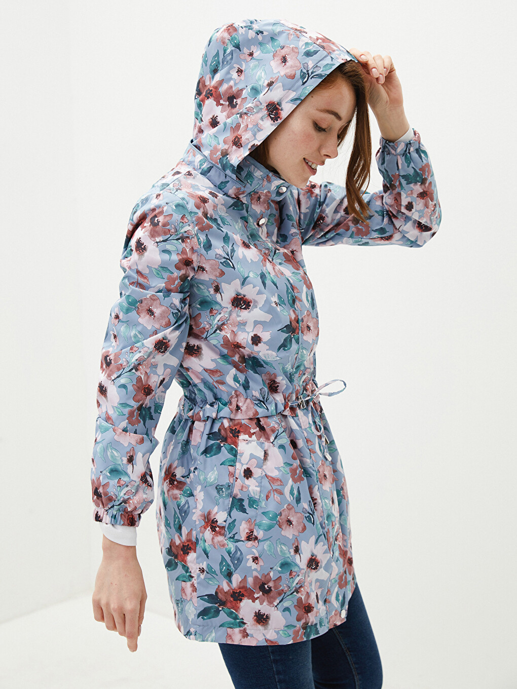 Women's Raincoat with Hidden Hooded Floral Print Long Sleeve-5